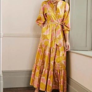 Boden Pineapple Ava Pink and Mustard Botanical Tiered Maxi Dress
